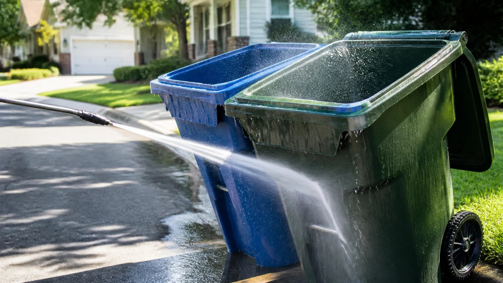 Residential garbage bins being pressure washed