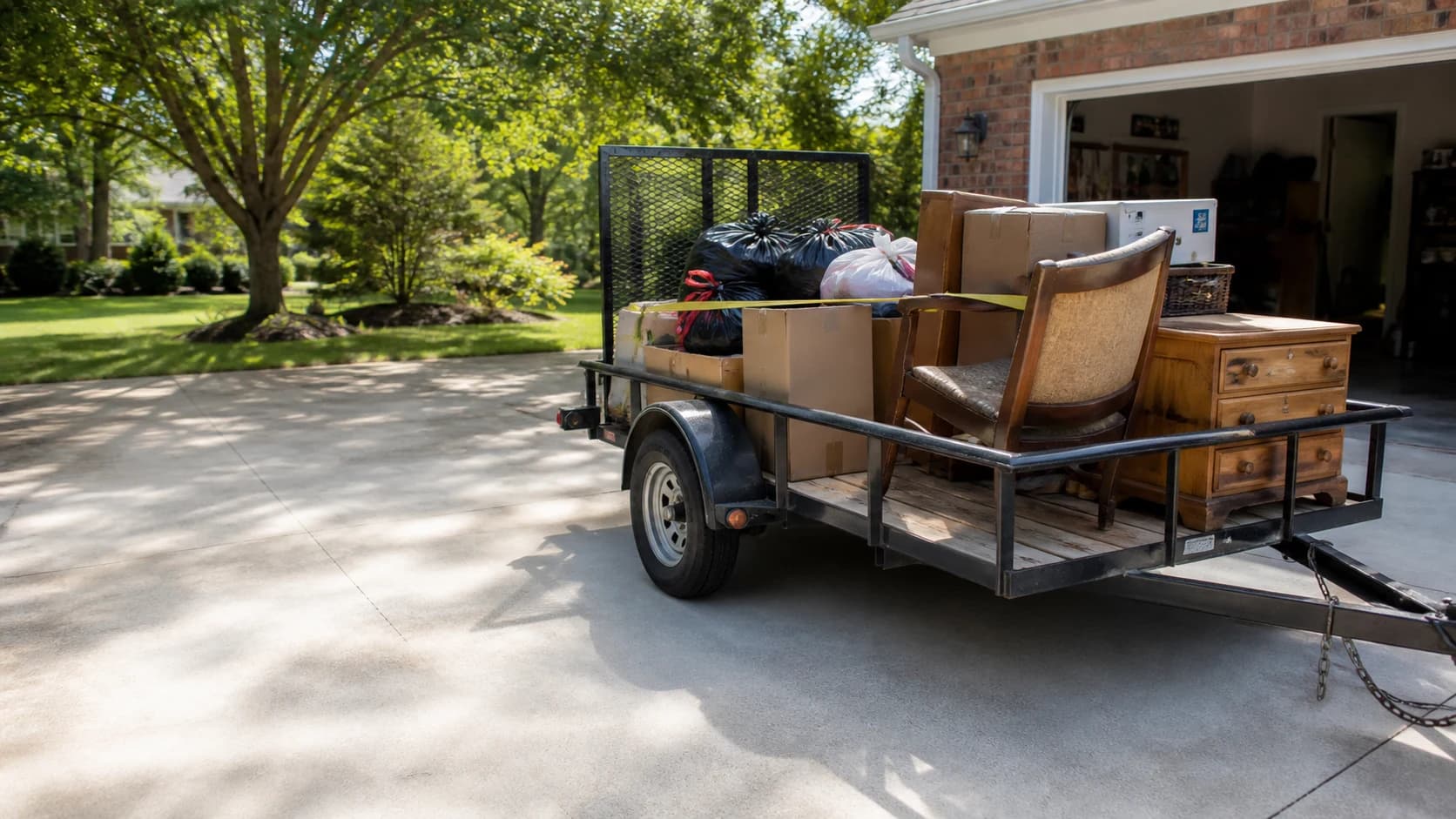 A utility trailer loaded for a household cleanout