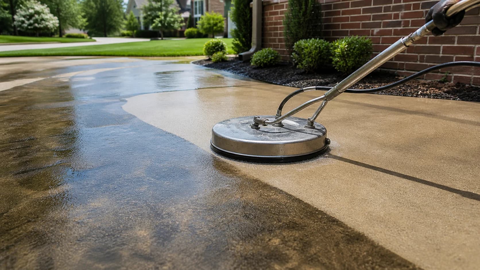 A surface cleaner washing a concrete driveway